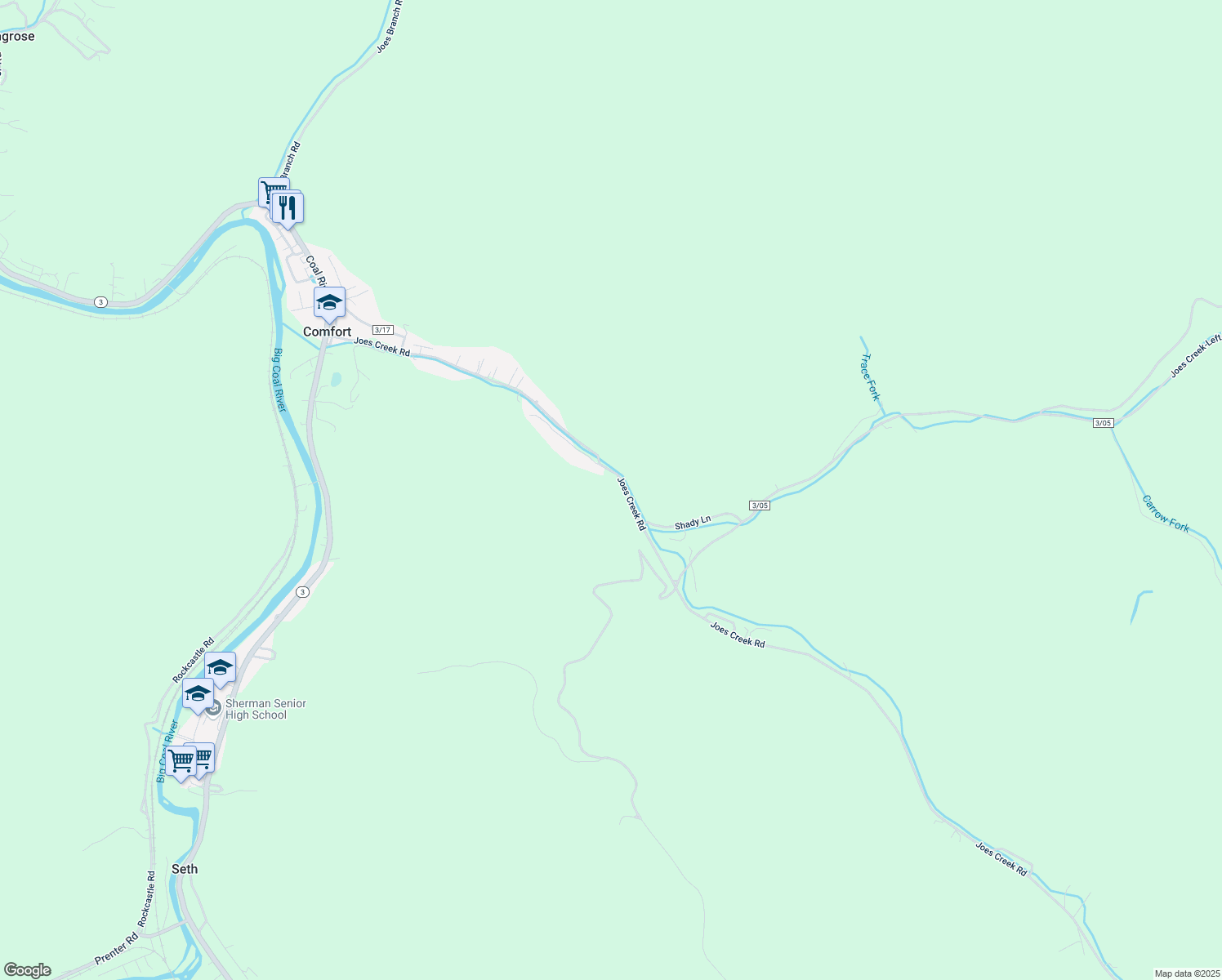 map of restaurants, bars, coffee shops, grocery stores, and more near 1850 East Fork Road in Comfort