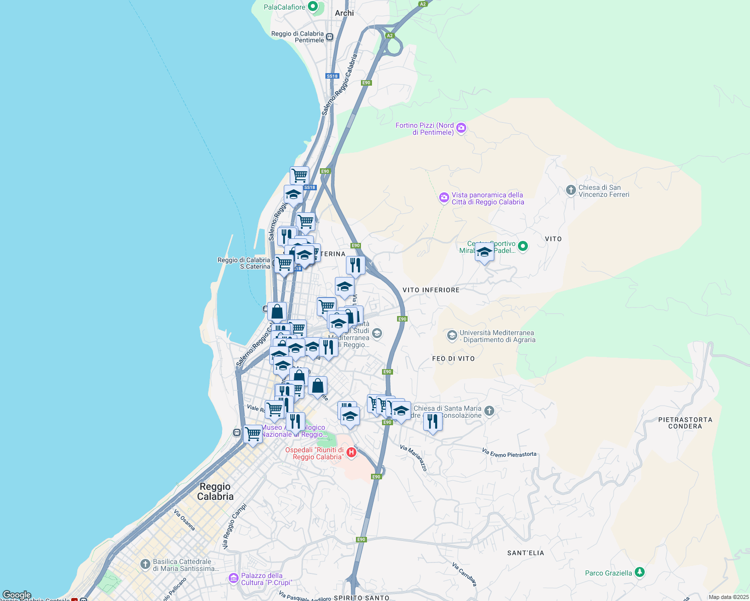 map of restaurants, bars, coffee shops, grocery stores, and more near 7 Via Manfroce Trav. Iii De Nava in Reggio Calabria