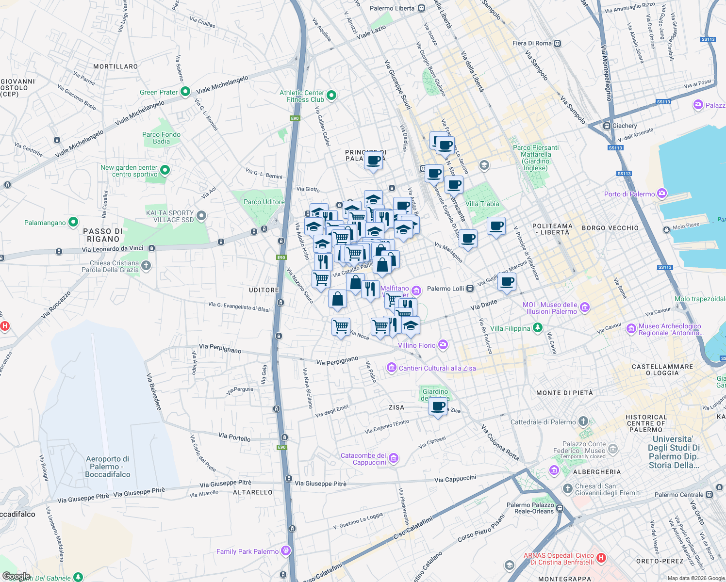 map of restaurants, bars, coffee shops, grocery stores, and more near 11 Via Tommaso Moncada in Palermo