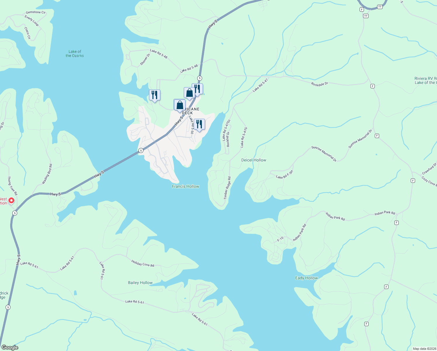 map of restaurants, bars, coffee shops, grocery stores, and more near 201-299 Lake Road 5-47Gh in Sunrise Beach