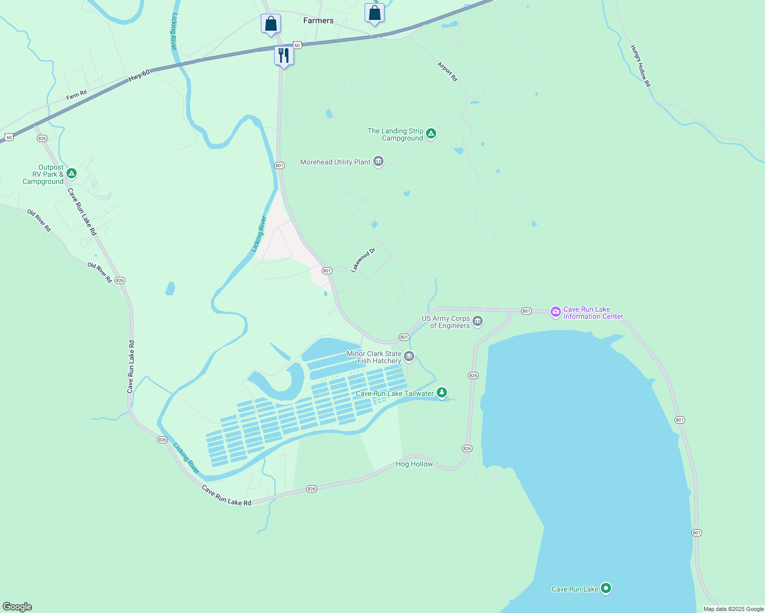 map of restaurants, bars, coffee shops, grocery stores, and more near 25 White Oak Lane in Morehead