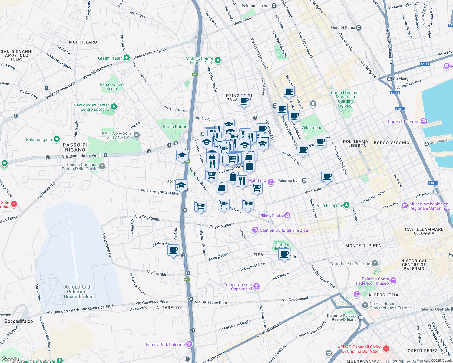 map of restaurants, bars, coffee shops, grocery stores, and more near 109 Via Tommaso Aversa in Palermo