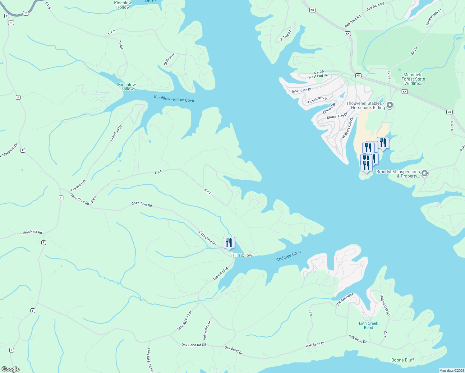 map of restaurants, bars, coffee shops, grocery stores, and more near 301-499 Ledgestone Estates Lane in Sunrise Beach