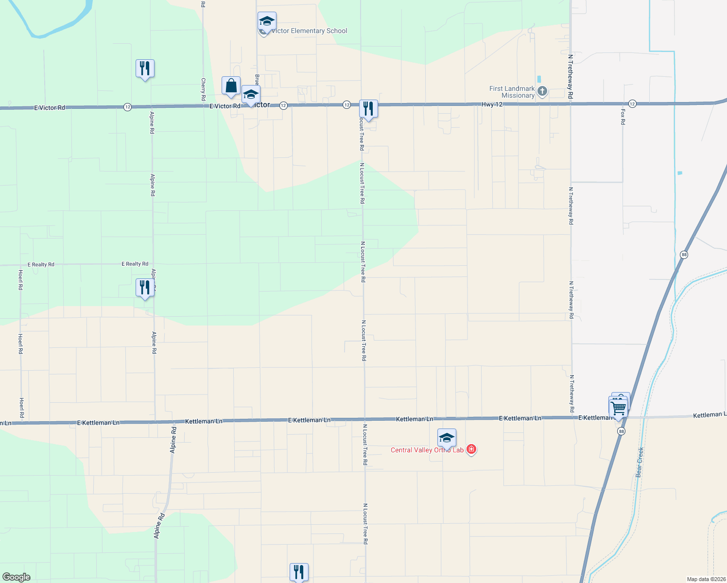 map of restaurants, bars, coffee shops, grocery stores, and more near 15910 North Locust Tree Road in Lodi