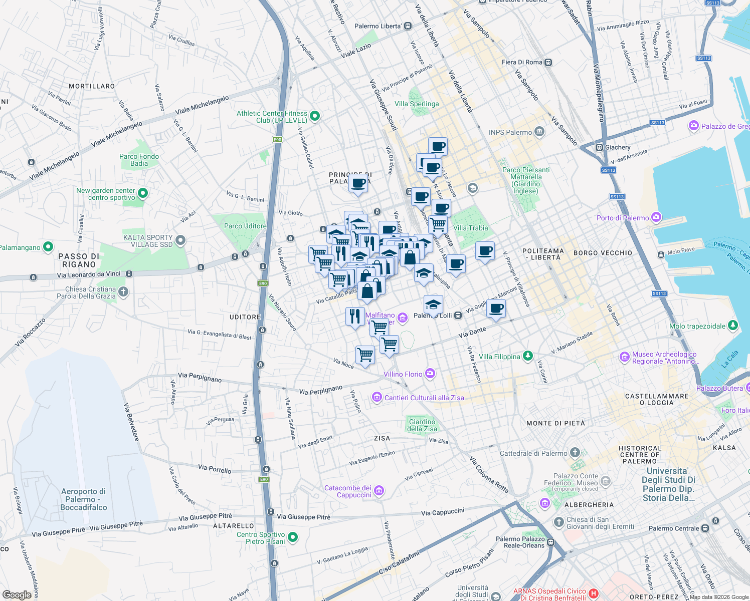 map of restaurants, bars, coffee shops, grocery stores, and more near 8 Via Francesco Vivona in Palermo