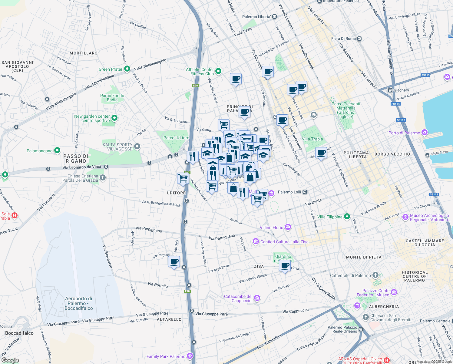 map of restaurants, bars, coffee shops, grocery stores, and more near 3 Via Giuseppe Leggio in Palermo