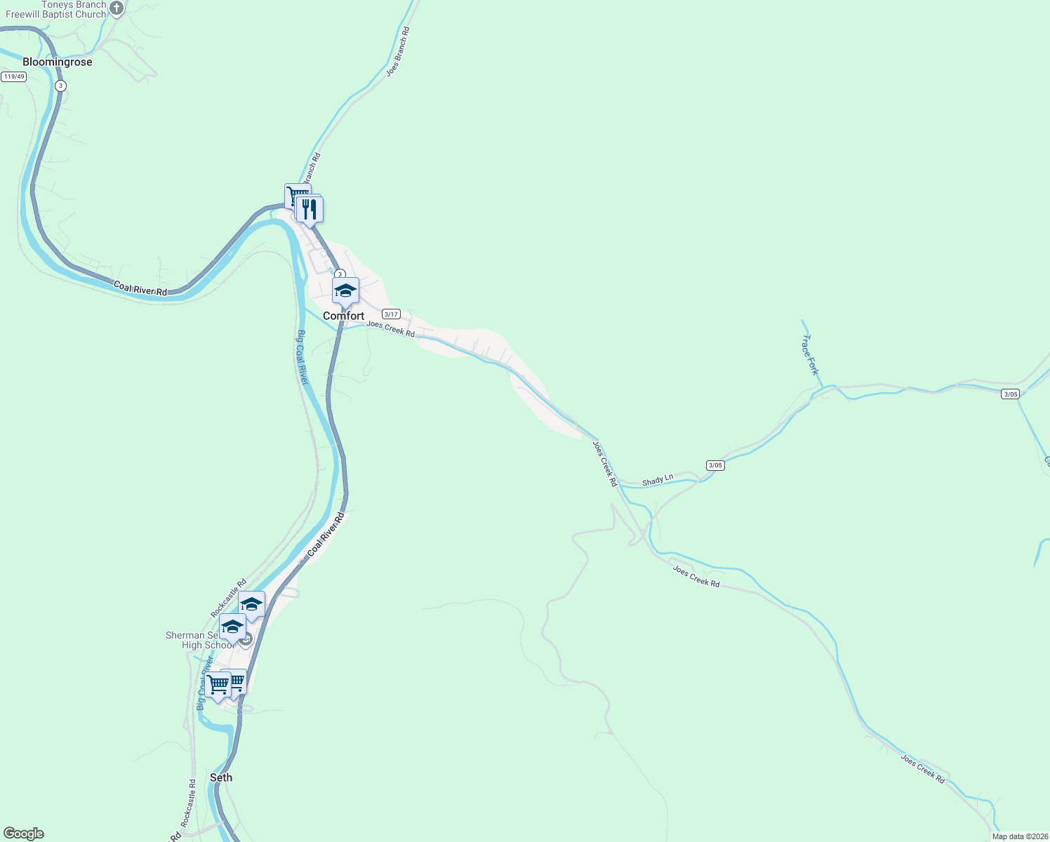 map of restaurants, bars, coffee shops, grocery stores, and more near 1900-1988 Joes Creek Road in Comfort