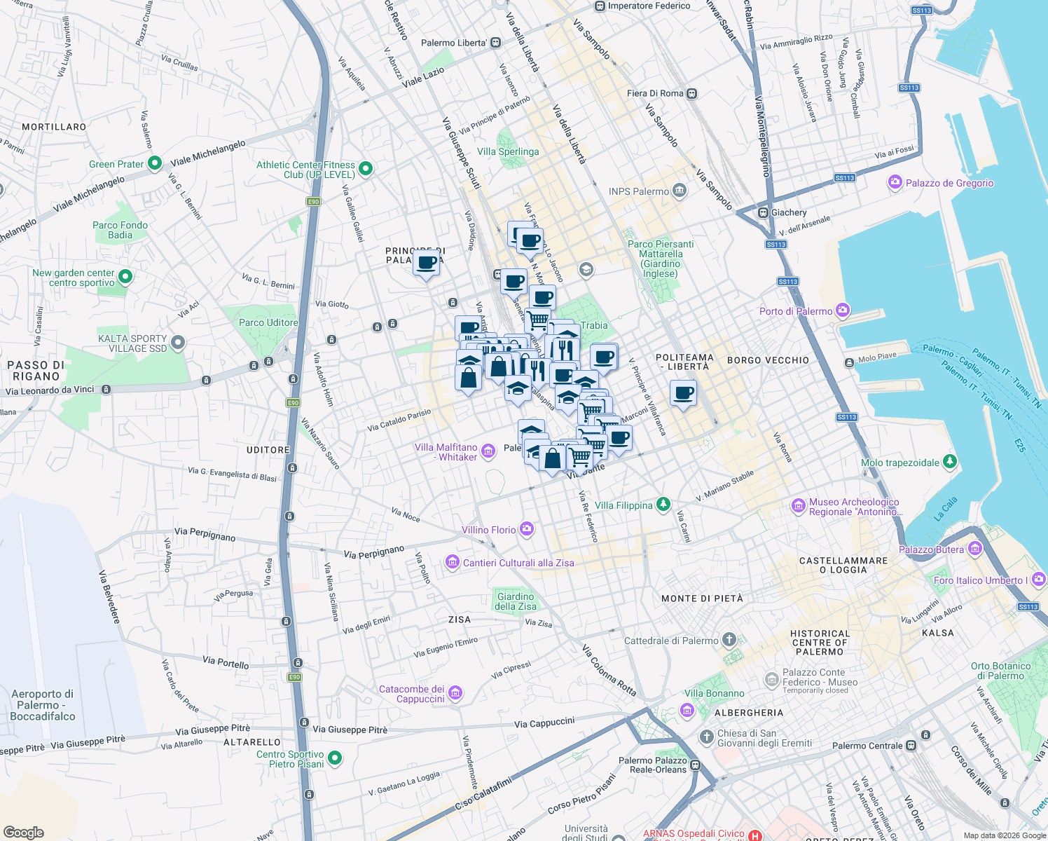 map of restaurants, bars, coffee shops, grocery stores, and more near 49 Via Filippo Parlatore in Palermo