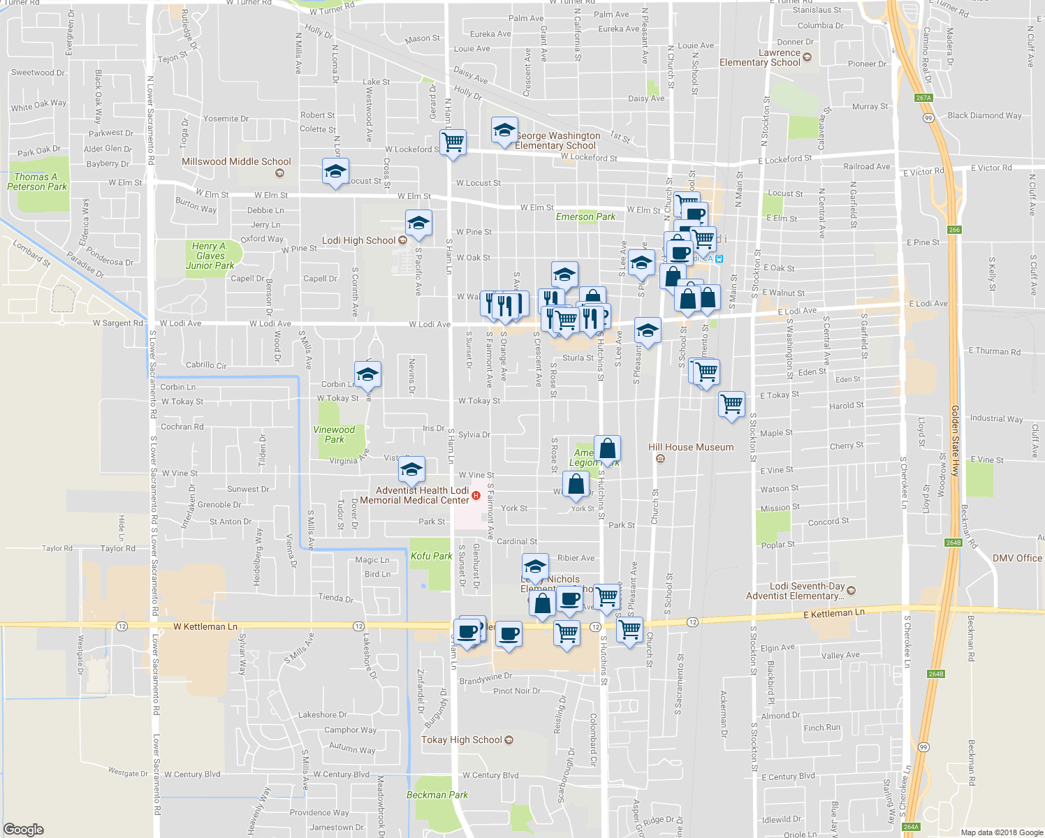 map of restaurants, bars, coffee shops, grocery stores, and more near 820 Sylvia Drive in Lodi