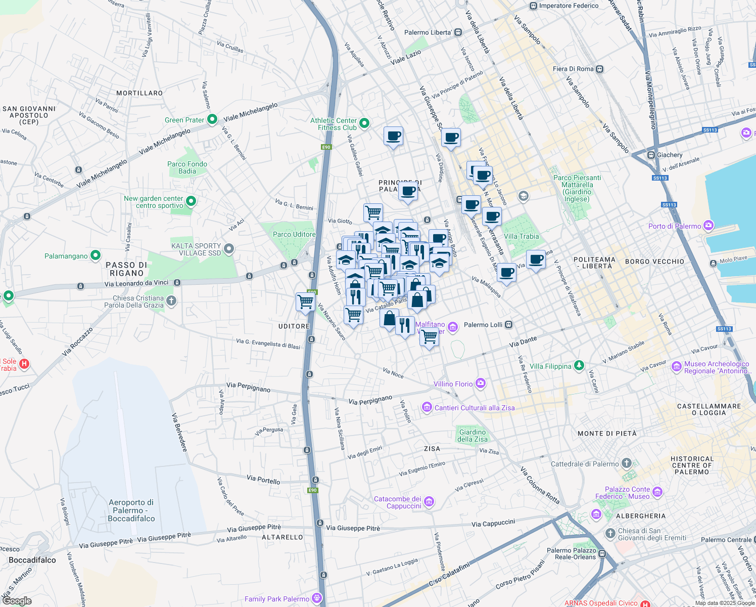 map of restaurants, bars, coffee shops, grocery stores, and more near 3 Via Giuseppe Leggio in Palermo