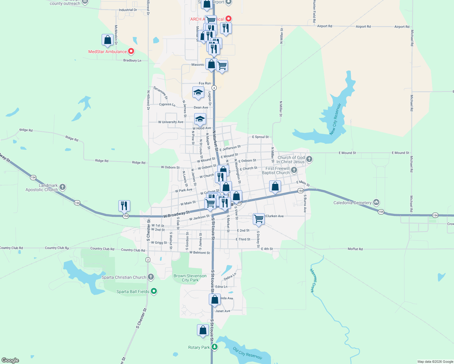 map of restaurants, bars, coffee shops, grocery stores, and more near 211 North Vine Street in Sparta