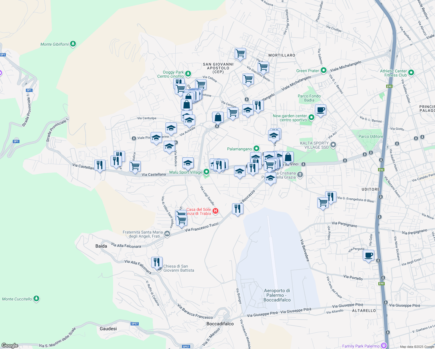 map of restaurants, bars, coffee shops, grocery stores, and more near 78 Via Castellana in Palermo