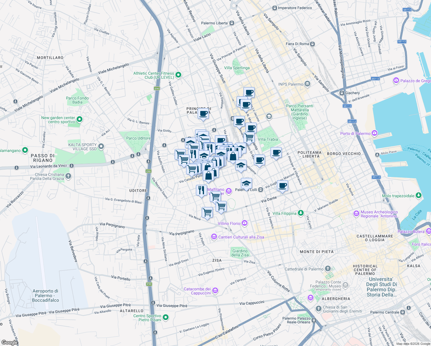 map of restaurants, bars, coffee shops, grocery stores, and more near 8 Via Francesco Vivona in Palermo