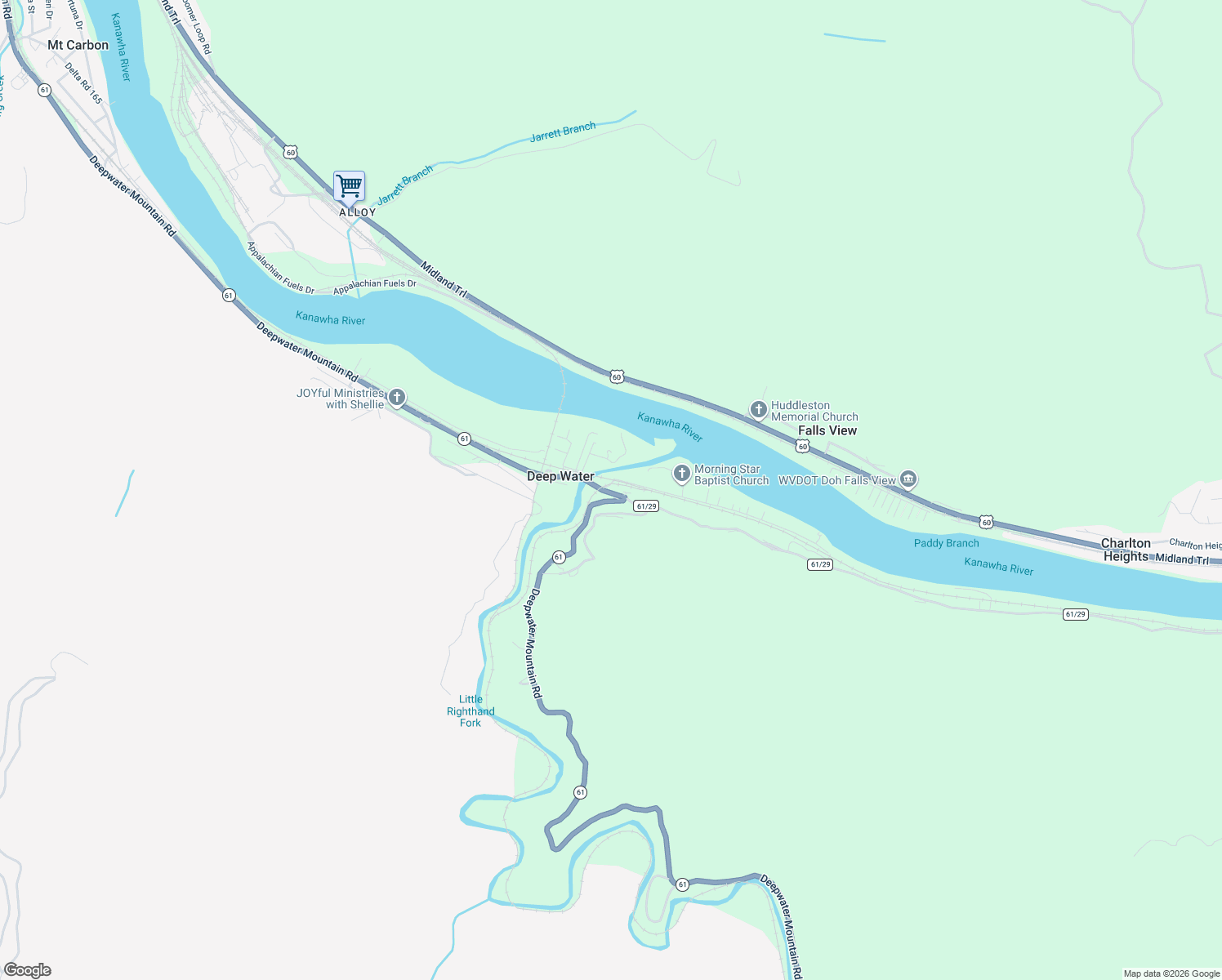 map of restaurants, bars, coffee shops, grocery stores, and more near West Virginia 61 in Mount Carbon