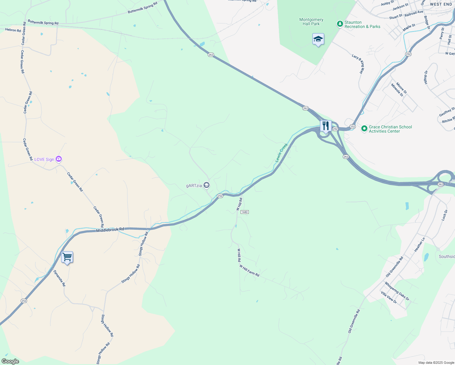 map of restaurants, bars, coffee shops, grocery stores, and more near 457 Middlebrook Road in Staunton