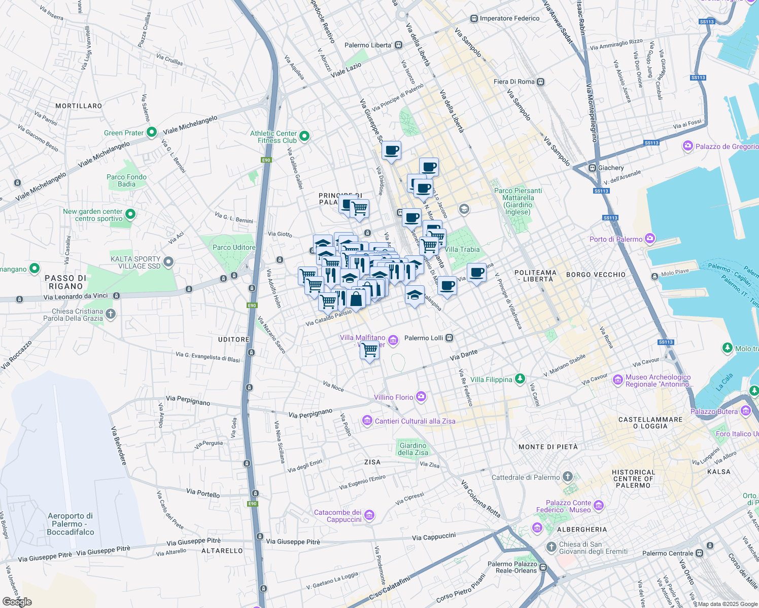 map of restaurants, bars, coffee shops, grocery stores, and more near 85 Via Generale Giuseppe Sirtori in Palermo