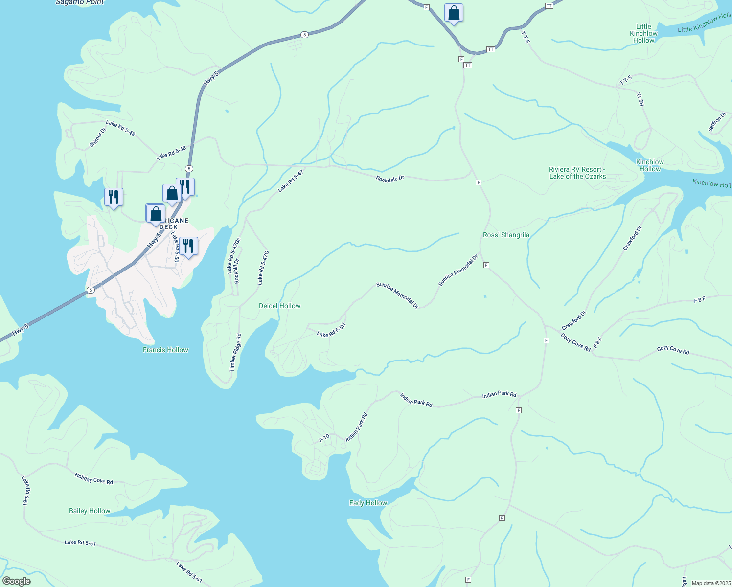 map of restaurants, bars, coffee shops, grocery stores, and more near Lake Road F-5 in Sunrise Beach