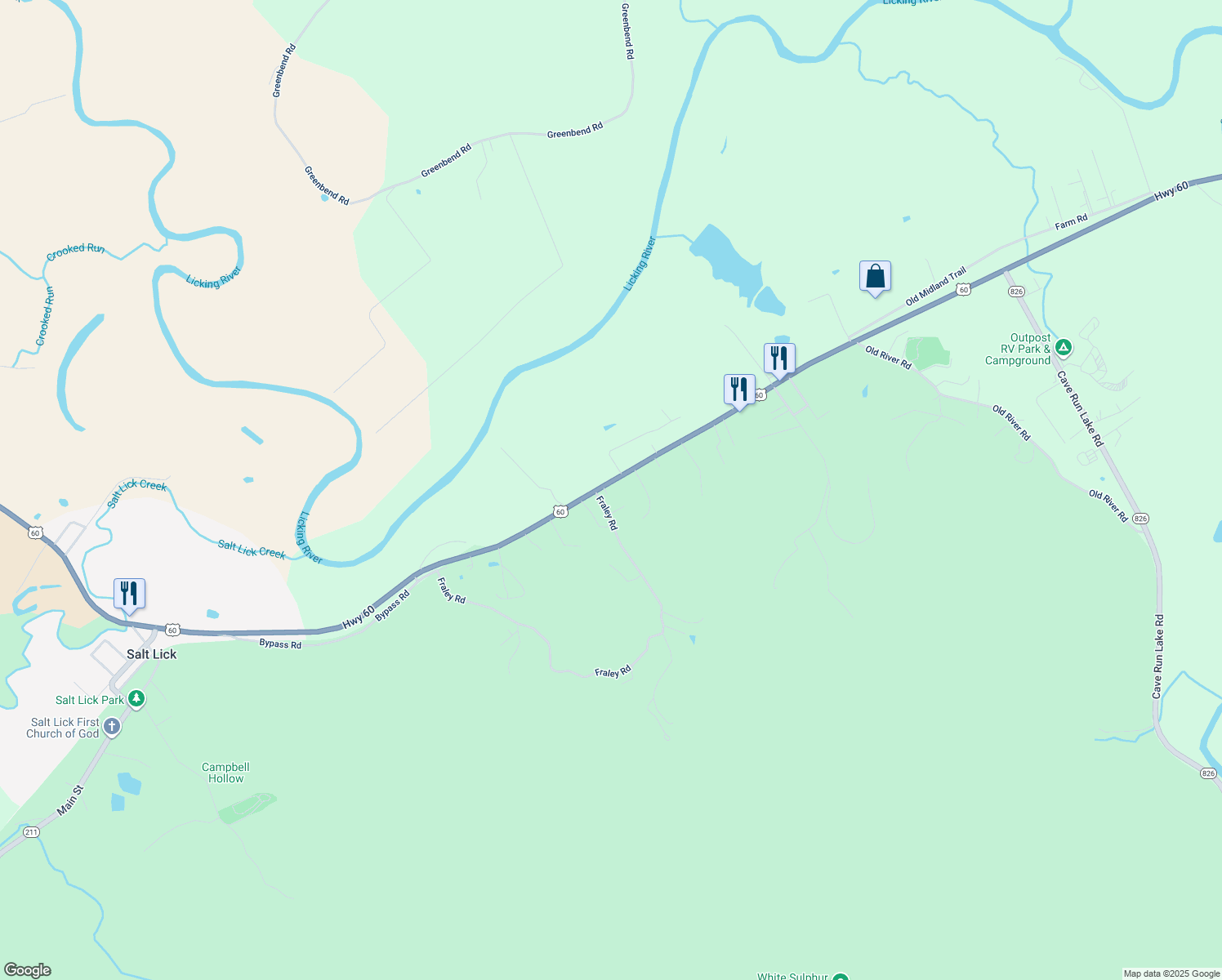 map of restaurants, bars, coffee shops, grocery stores, and more near 10863 U.S. 60 in Salt Lick