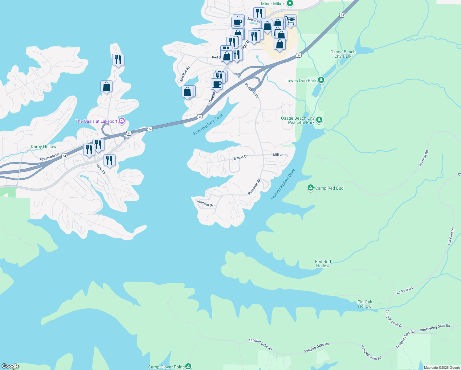 map of restaurants, bars, coffee shops, grocery stores, and more near 4864 Canyon Drive in Osage Beach