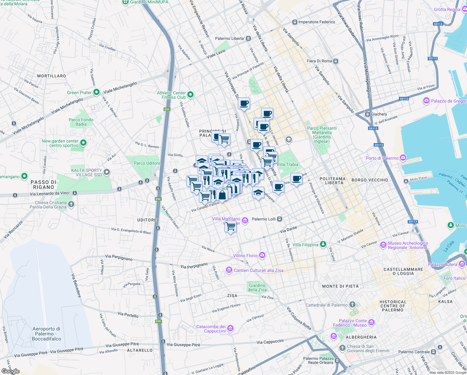 map of restaurants, bars, coffee shops, grocery stores, and more near 85 Via Generale Sirtori Giuseppe in Palermo