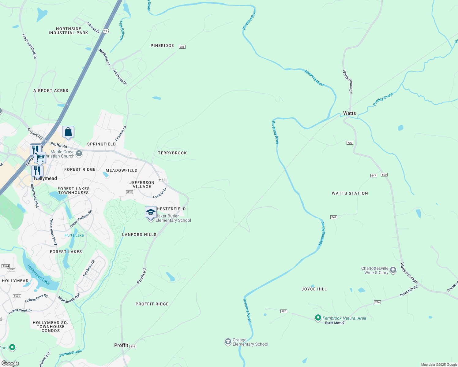 map of restaurants, bars, coffee shops, grocery stores, and more near 3409 Riverview Farm in Charlottesville