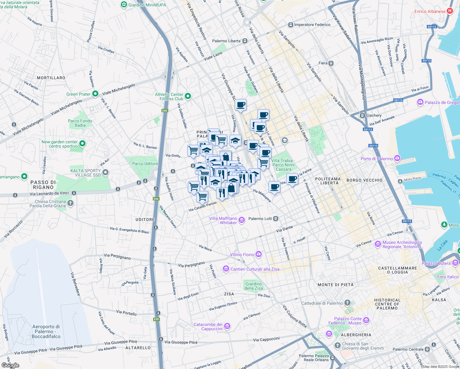 map of restaurants, bars, coffee shops, grocery stores, and more near 21 Via Enrico Bevignani in Palermo