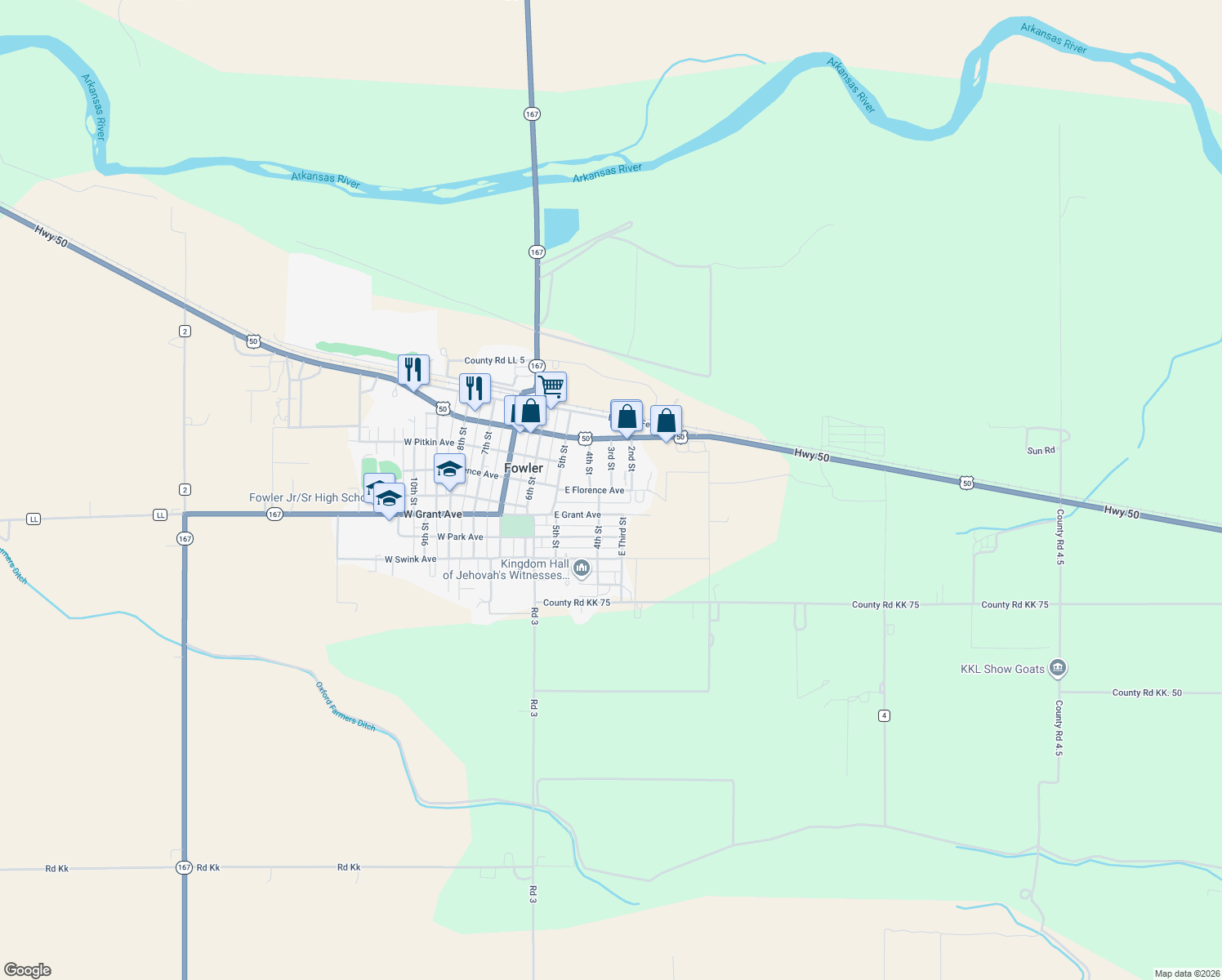 map of restaurants, bars, coffee shops, grocery stores, and more near 398 3rd St in Fowler
