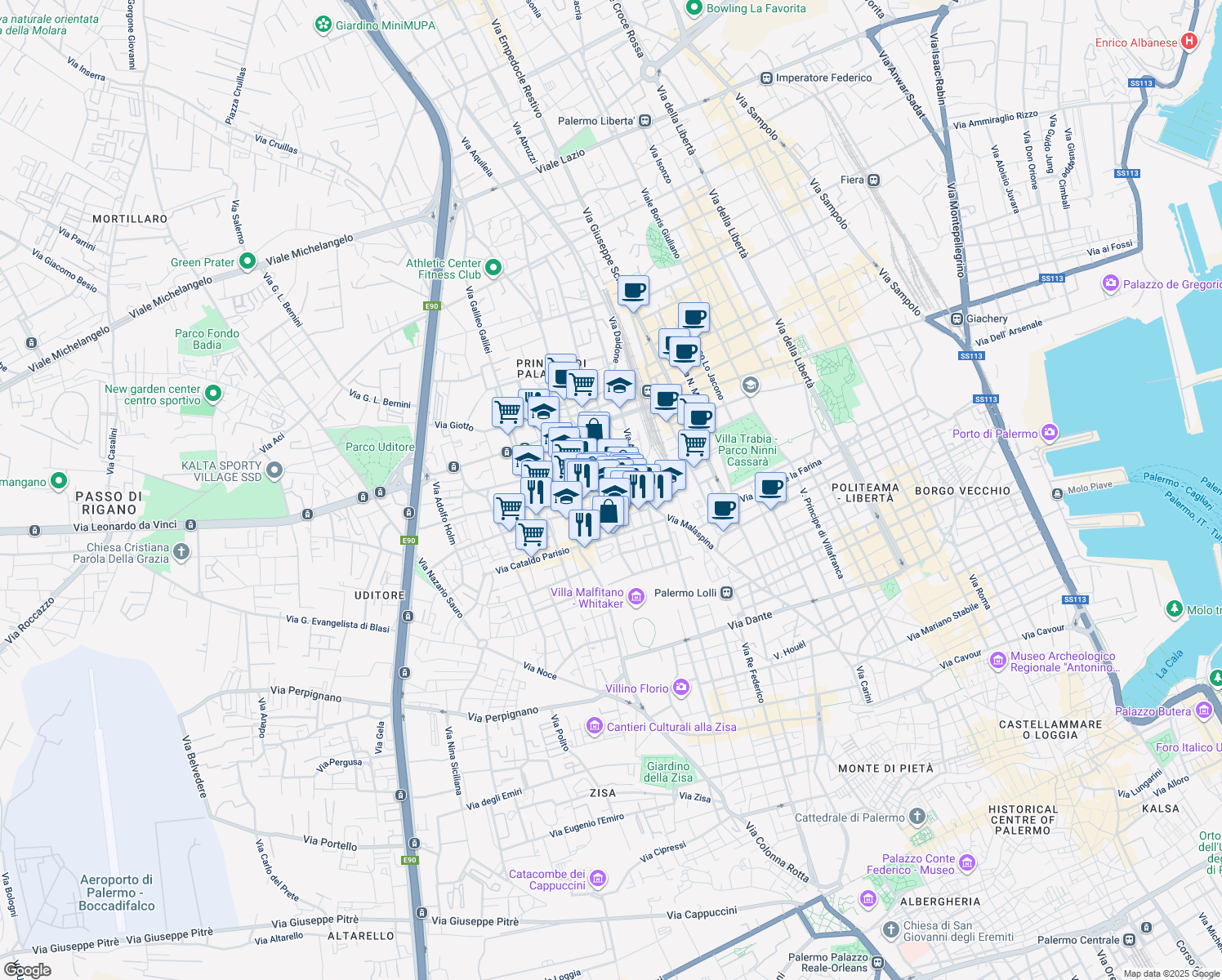 map of restaurants, bars, coffee shops, grocery stores, and more near 1-21 Via Enrico Bevignani in Palermo