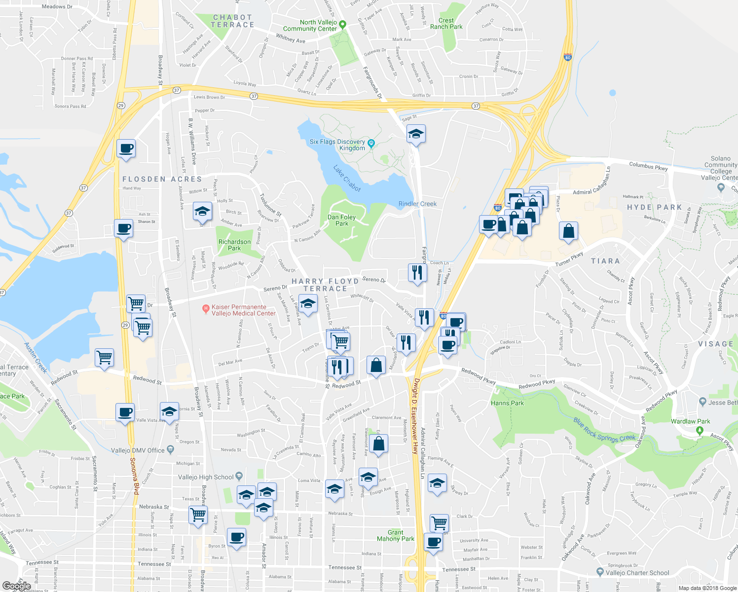 map of restaurants, bars, coffee shops, grocery stores, and more near 306 Whitecliff Drive in Vallejo