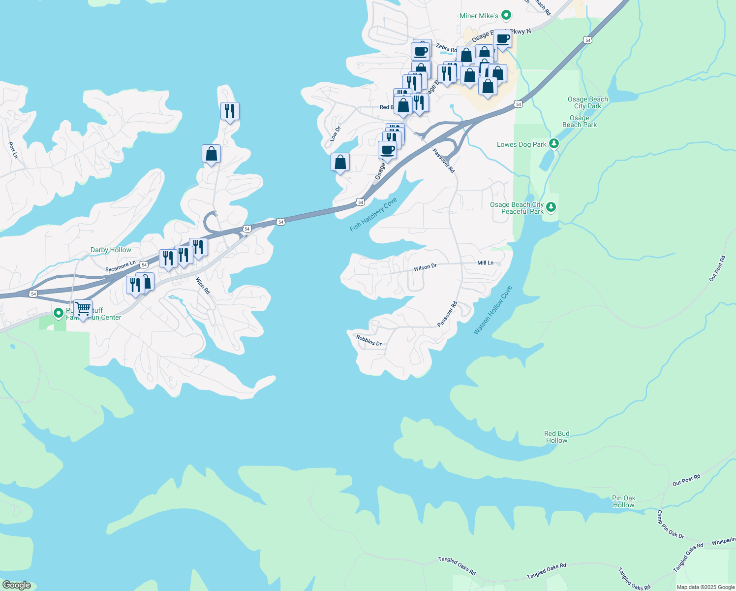 map of restaurants, bars, coffee shops, grocery stores, and more near 808 Kersten Way in Osage Beach