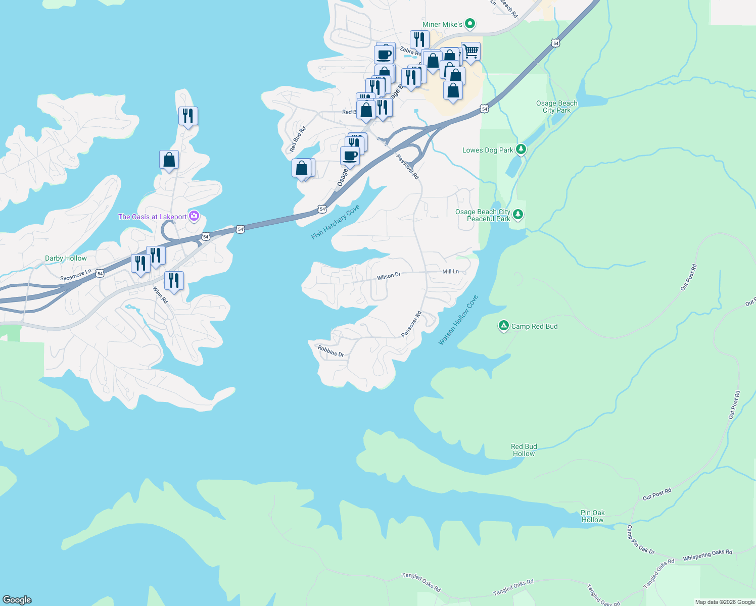 map of restaurants, bars, coffee shops, grocery stores, and more near 762-844 Timberline Lane in Osage Beach