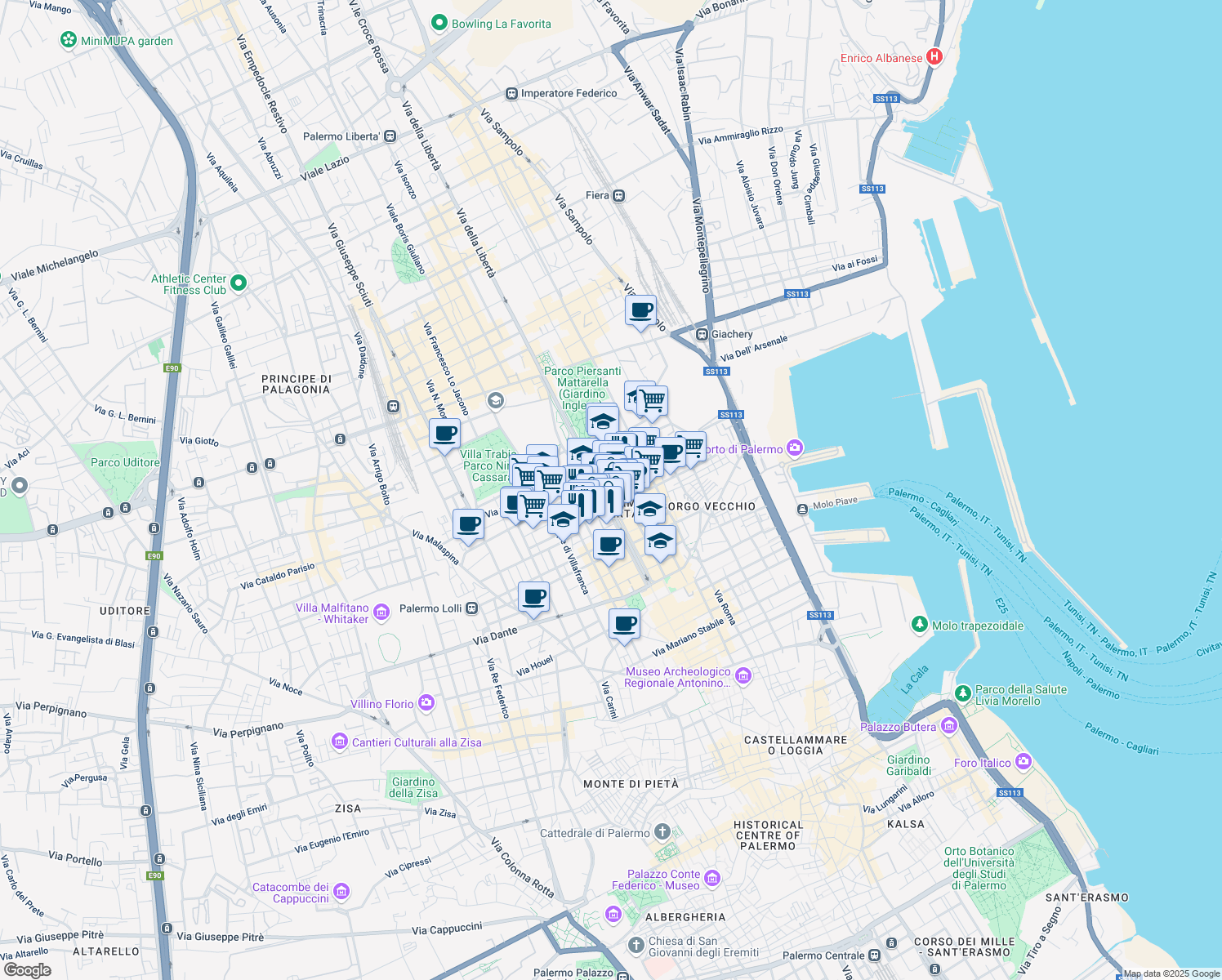 map of restaurants, bars, coffee shops, grocery stores, and more near 5 Via della Libertà in Palermo