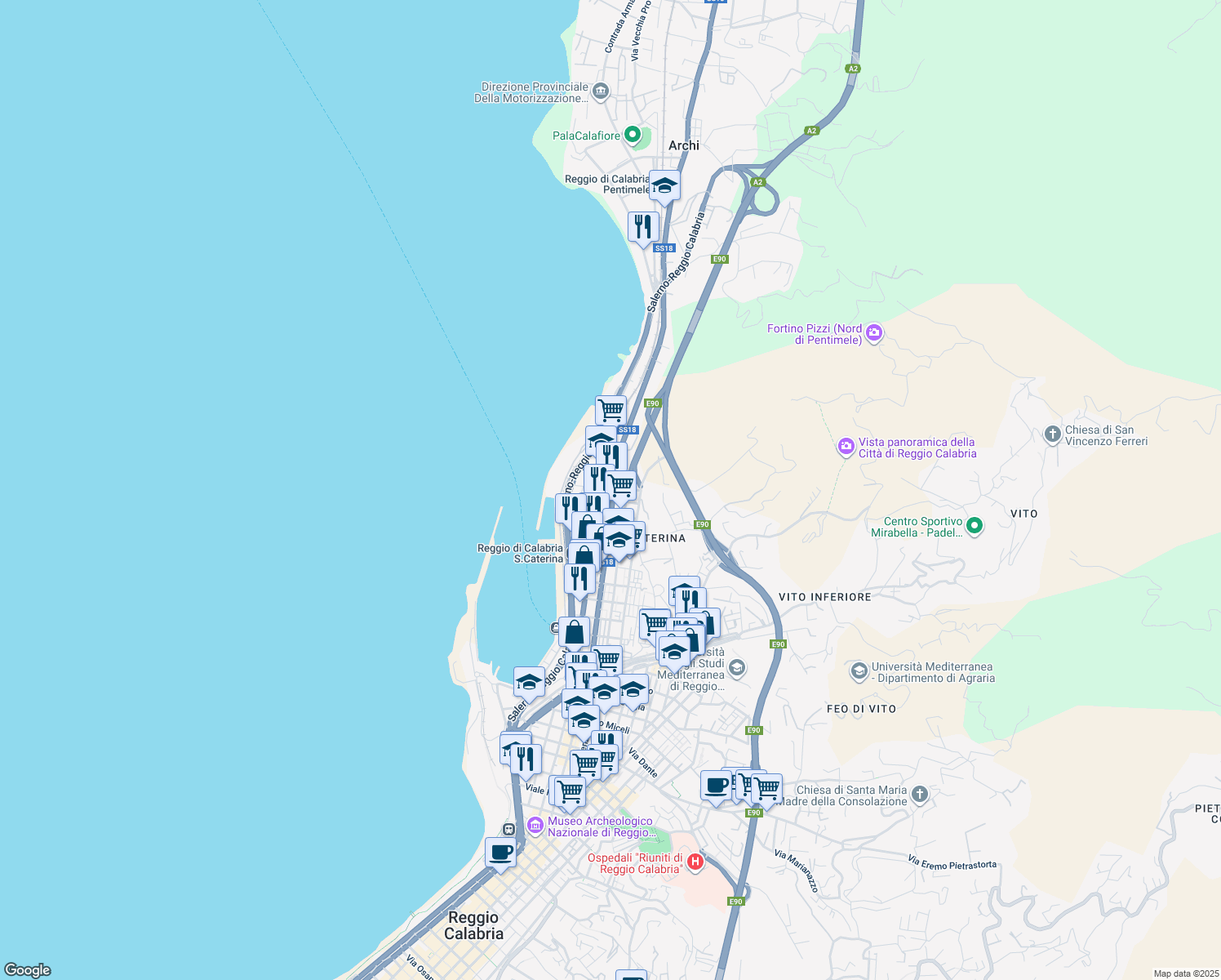 map of restaurants, bars, coffee shops, grocery stores, and more near 6 Via Italia in Reggio Calabria