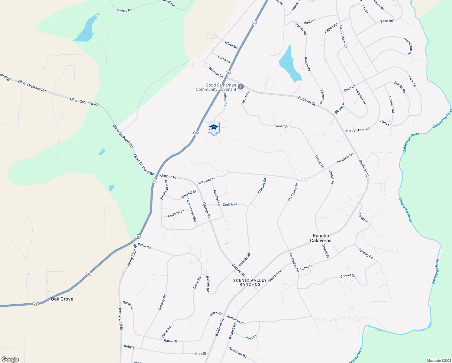 map of restaurants, bars, coffee shops, grocery stores, and more near 6579 Bergsma Lane in Valley Springs