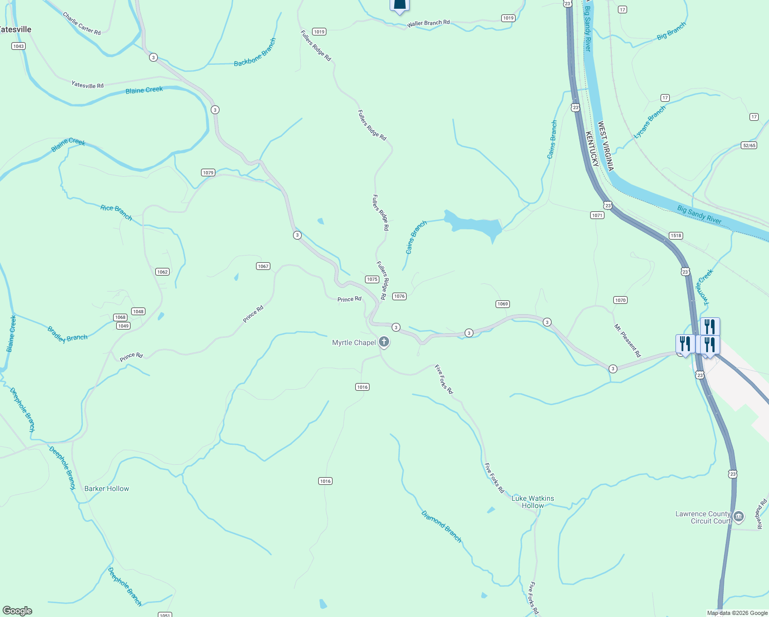 map of restaurants, bars, coffee shops, grocery stores, and more near Wolf Ridge Road in Louisa