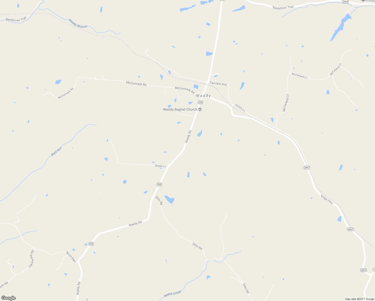 map of restaurants, bars, coffee shops, grocery stores, and more near 3536 Waddy Road in Waddy