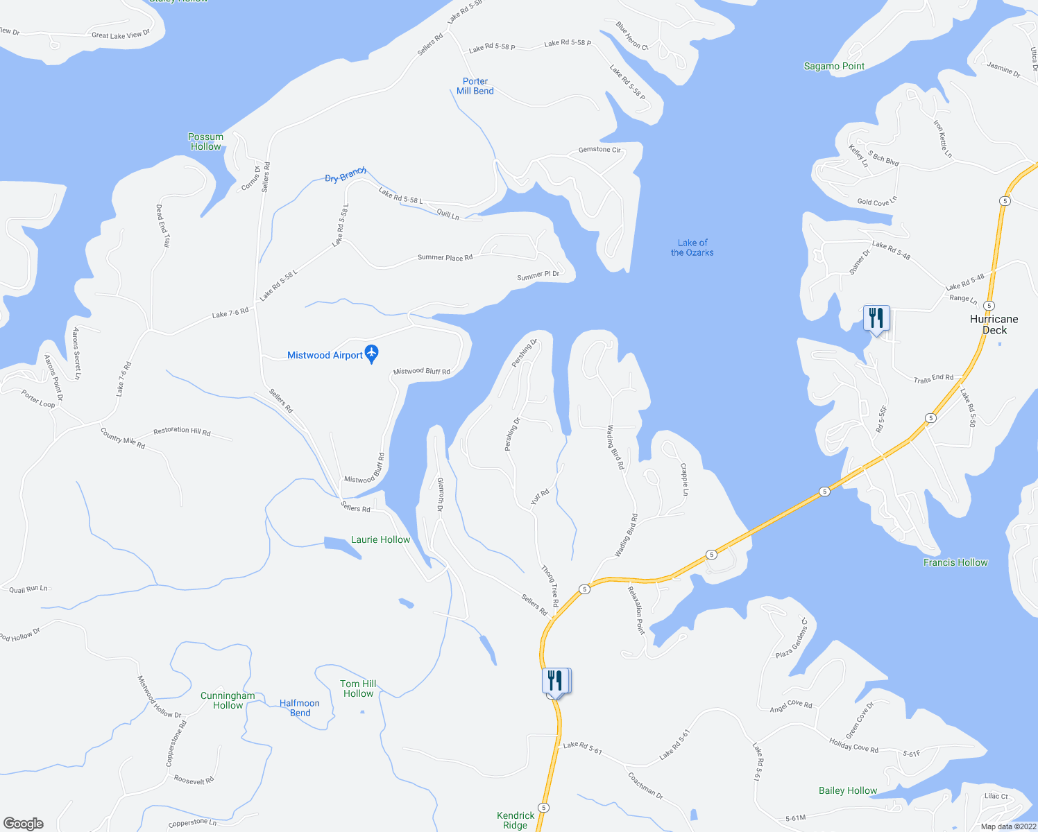 map of restaurants, bars, coffee shops, grocery stores, and more near Lake Road 5-58 Ad in Camdenton