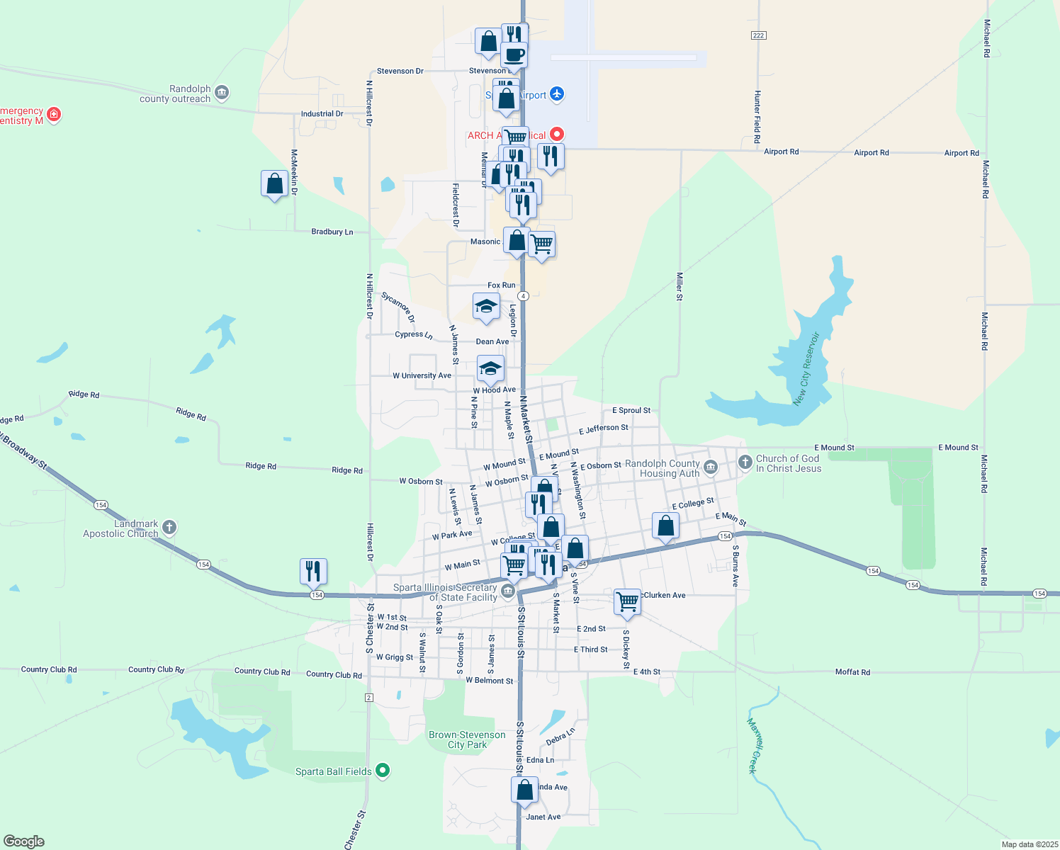map of restaurants, bars, coffee shops, grocery stores, and more near 616 North Market Street in Sparta