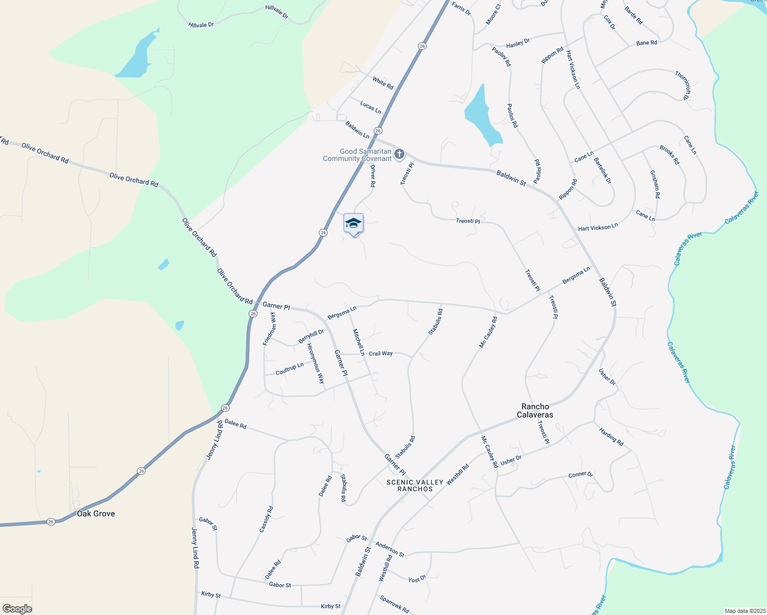 map of restaurants, bars, coffee shops, grocery stores, and more near 6579 Bergsma Lane in Valley Springs