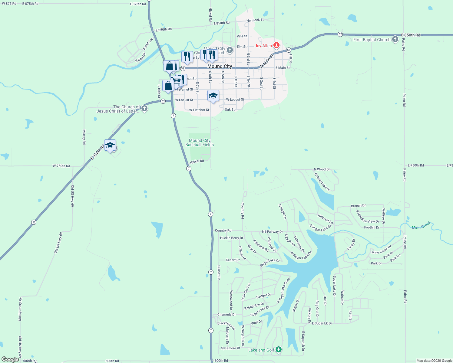 map of restaurants, bars, coffee shops, grocery stores, and more near 7497 Nickel Road in Mound City
