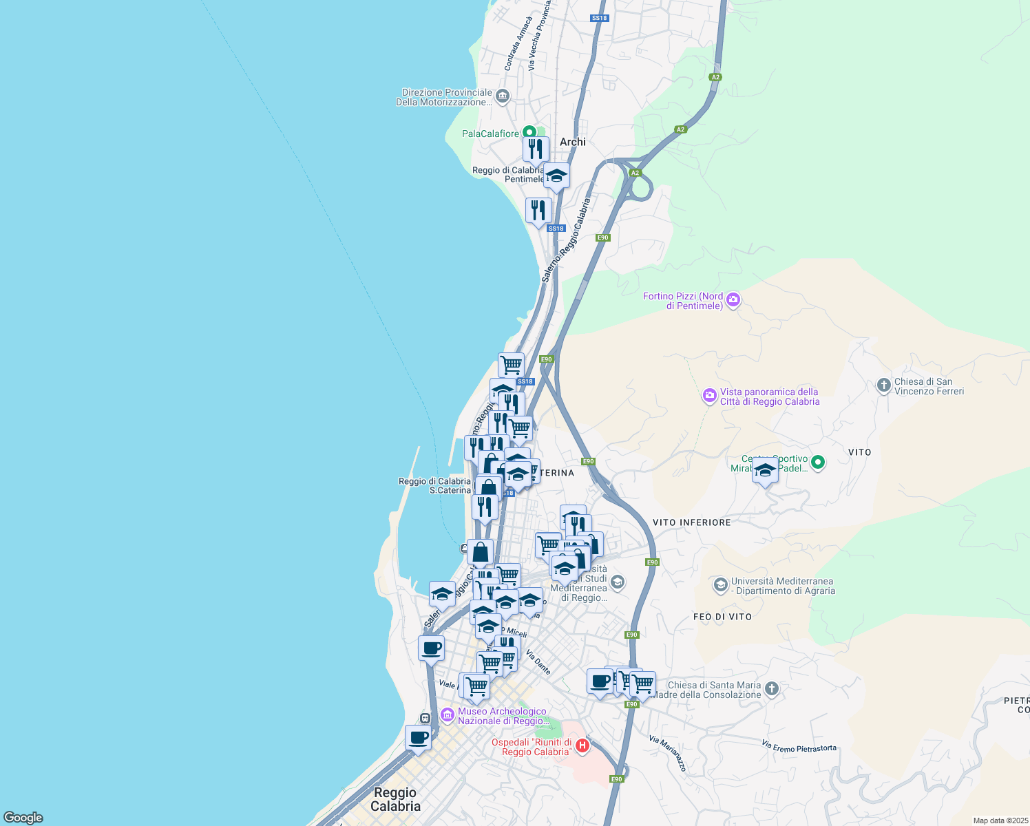 map of restaurants, bars, coffee shops, grocery stores, and more near 6 Via Italia in Reggio Calabria