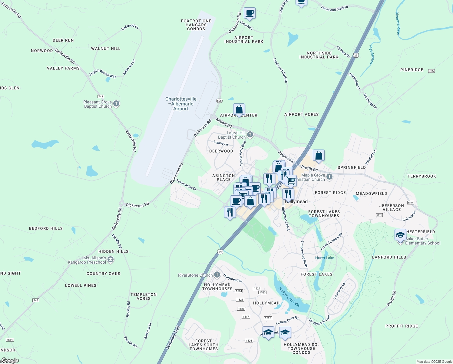 map of restaurants, bars, coffee shops, grocery stores, and more near 2373 Abington Drive in Charlottesville