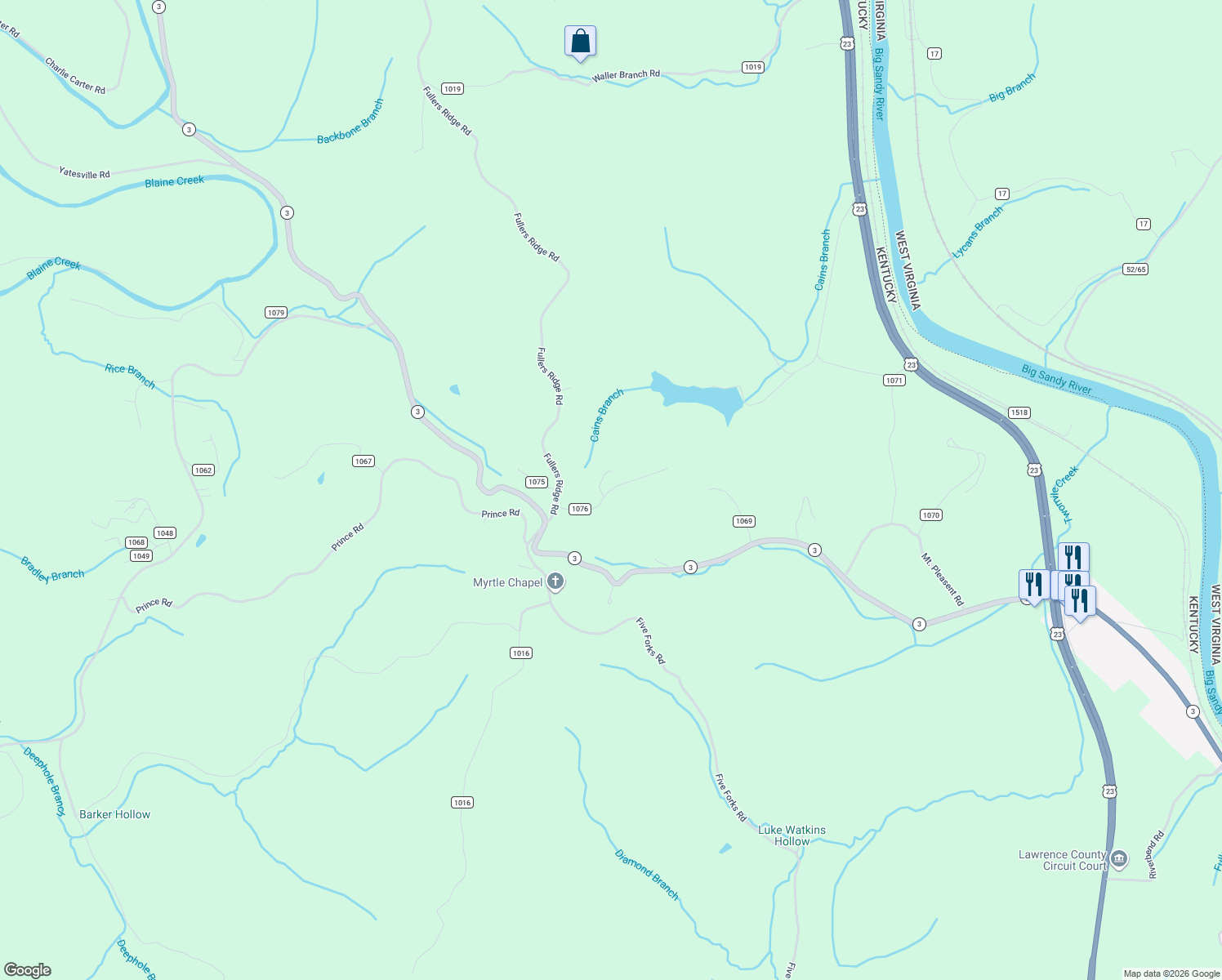 map of restaurants, bars, coffee shops, grocery stores, and more near Wolf Ridge Road in Lawrence County