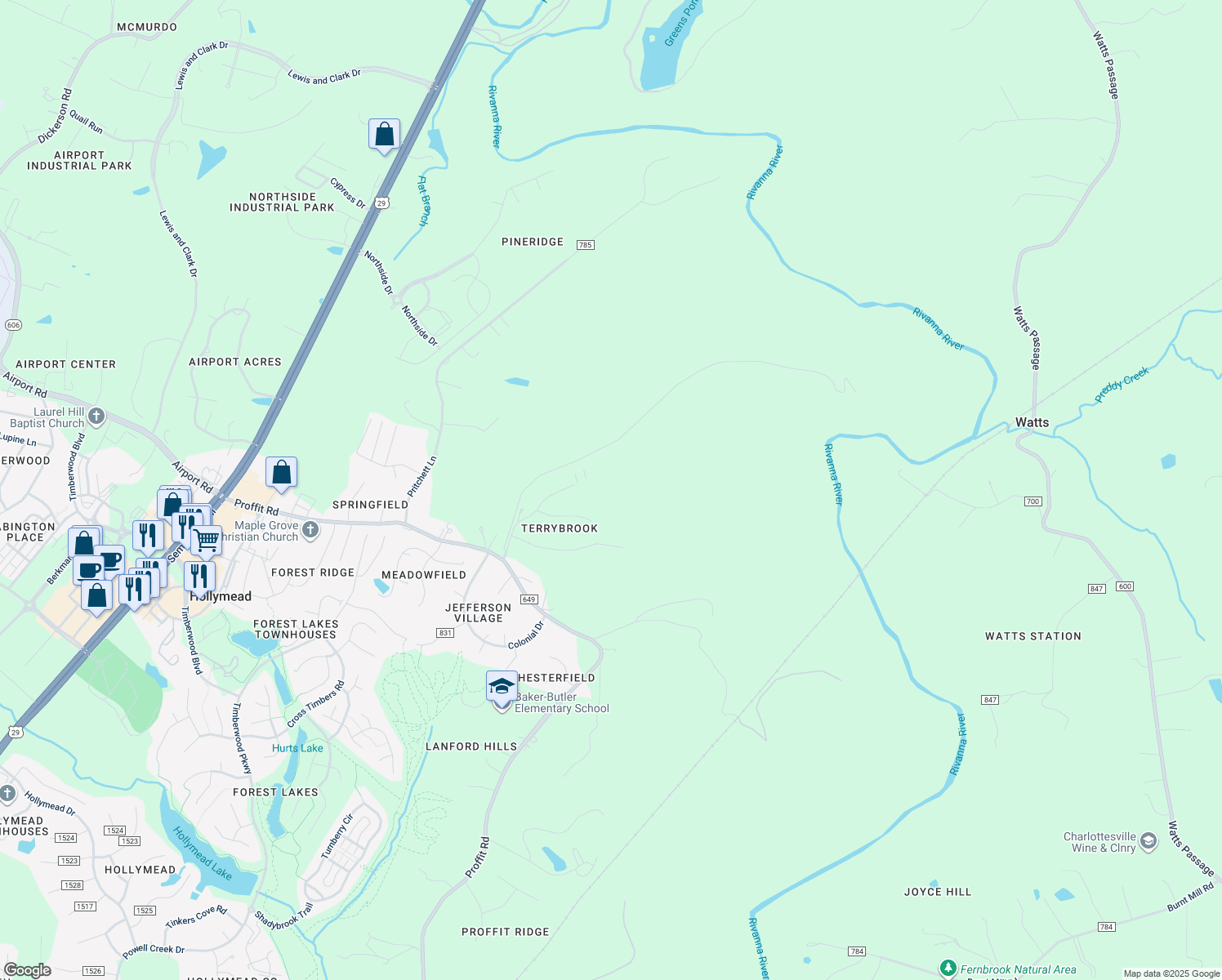 map of restaurants, bars, coffee shops, grocery stores, and more near 118 Terrybrook Drive in Charlottesville