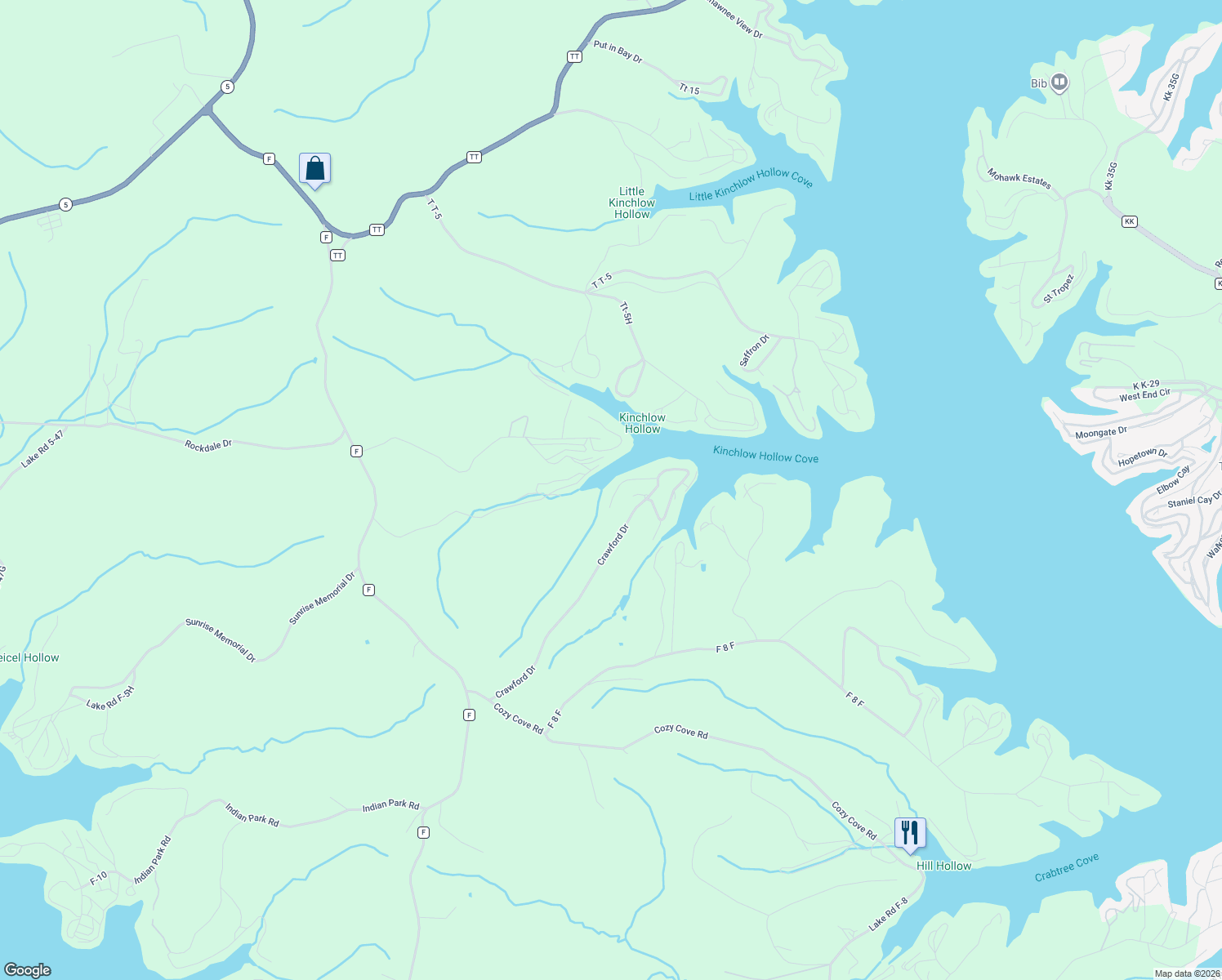 map of restaurants, bars, coffee shops, grocery stores, and more near F-8 B in Sunrise Beach