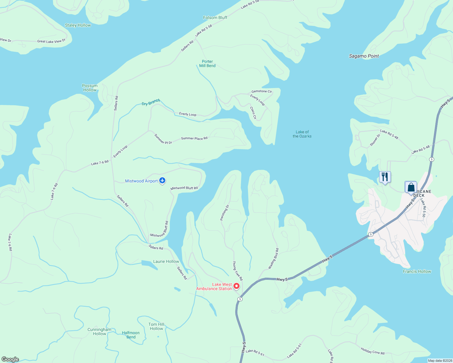 map of restaurants, bars, coffee shops, grocery stores, and more near Lake Road 5-58 Ad in Camdenton