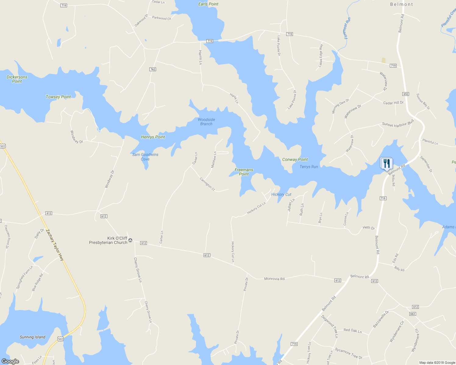 map of restaurants, bars, coffee shops, grocery stores, and more near 16005 Carrington Court in Mineral