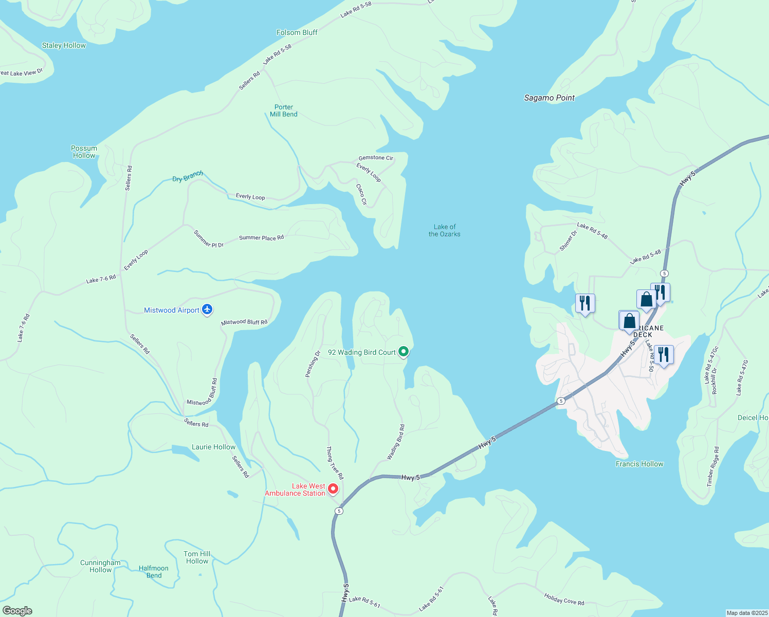 map of restaurants, bars, coffee shops, grocery stores, and more near 880 Wading Bird Road in Camdenton