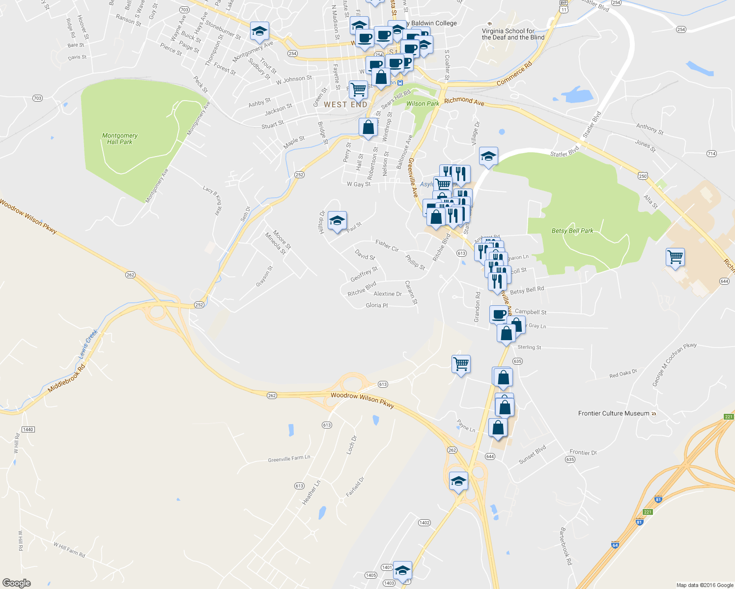 map of restaurants, bars, coffee shops, grocery stores, and more near 679 Alextine Drive in Staunton