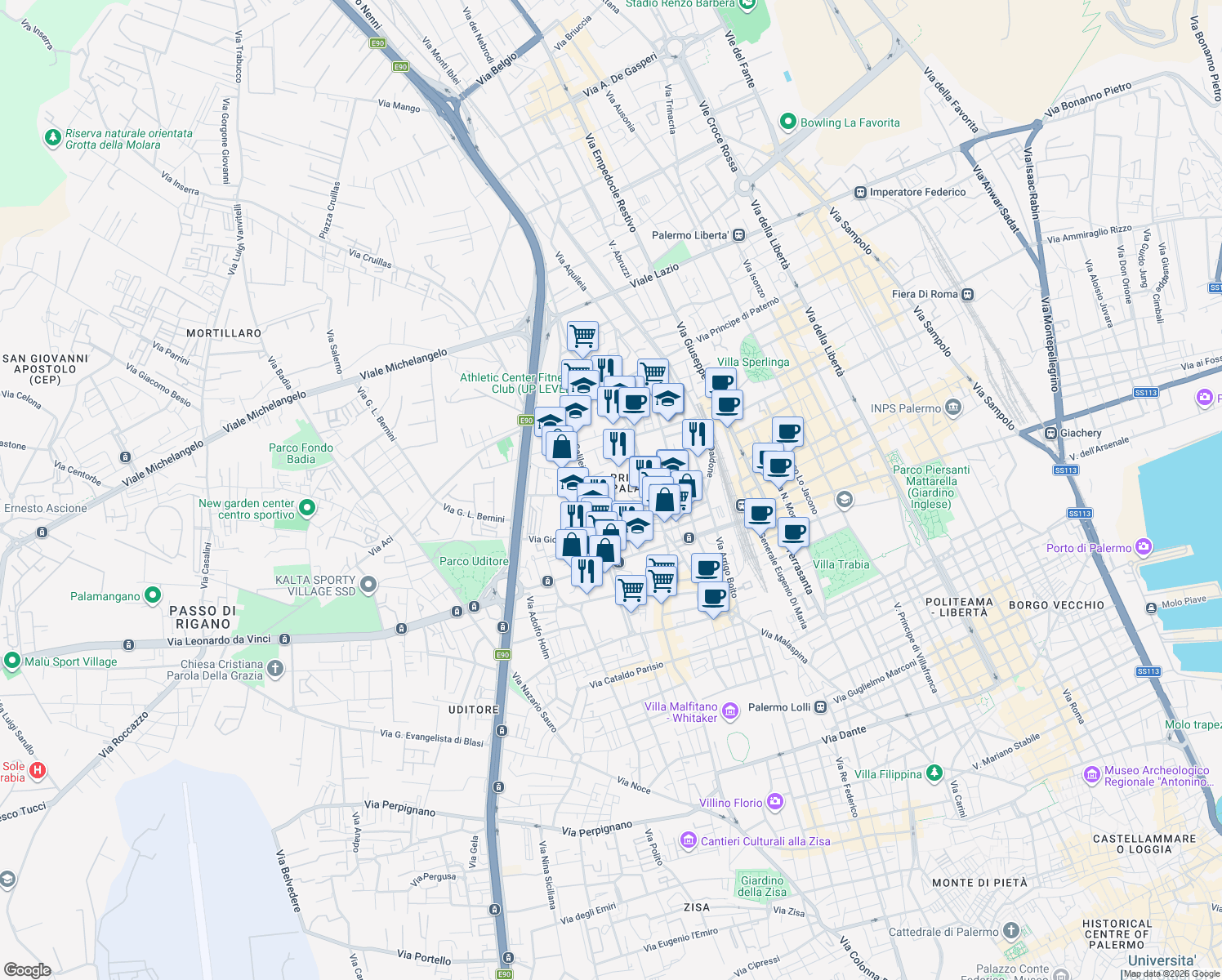 map of restaurants, bars, coffee shops, grocery stores, and more near 17 Via Borremans Guglielmo in Palermo